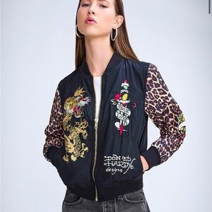 Ed Hardy Women's Black and Leopard Print Bomber Jacket